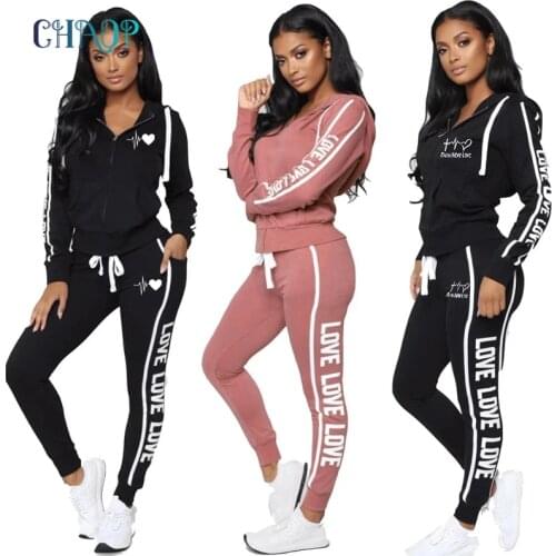 Winter Tracksuit Women Two Piece Set Print Zipper Sportwear Hoodies+Pants Love Letter Printed Sweatshirt Female Casual Outfits