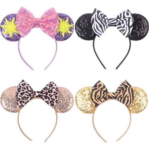 Disney 1pcs New Mickey Ears Sun Flower Leopard Headband Adult Children Mickey Headband Bow Holiday Party Headwear