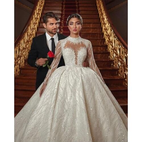 2021 Luxury Wedding Dresses High Collar Beaded Bling Bling Lace Ball Gown Puffy Robe De Mariee