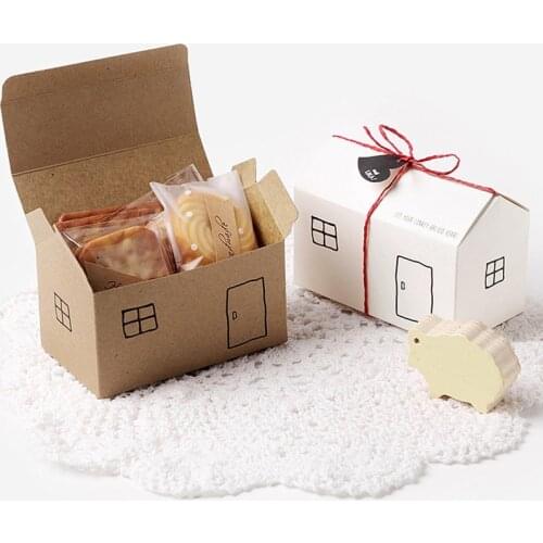 50Pcs Little House Nougat Biscuit Box Wedding Candy Packaging Box Cardboard Baking Packing Gift Boxes White Kraft Paper Box