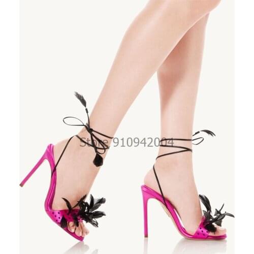 Fashion 10cm Heels Designers Summer Shoes Women Stiletto Sandal Open Toe Fluff Strappy Thin High Heels Lace Up Fur Sandals