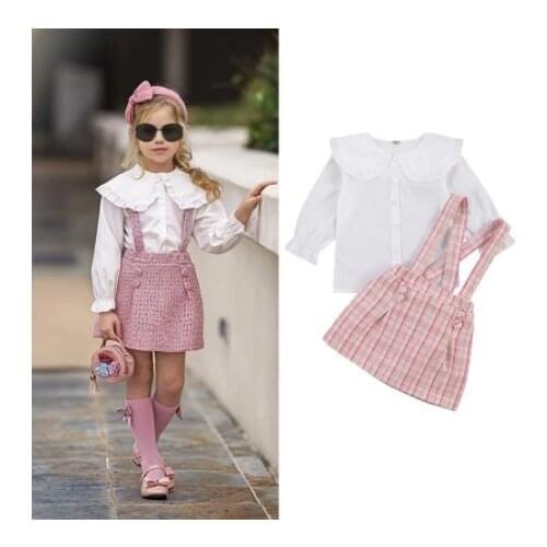 FOCUSNORM Autumn Princess Kids Baby Girls Clothes Sets 2pcs Peter Pan Collar Single Breasted Tops Plaid Print Bib Strap Dress