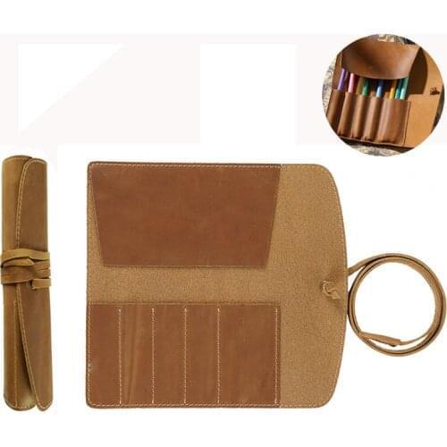 2 Pcs Genuine Leather Pencil Case Roll Retro Pen Bag Storage Holder Organizer Business School Stationery Supplies Wholesale X2