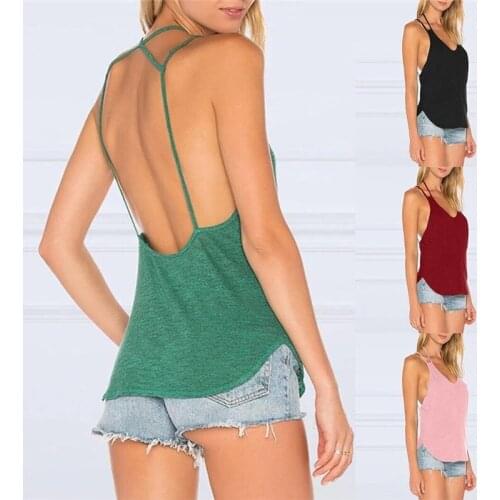Women Sexy Vest Solid Color Casual V Neck Halter Spaghetti Tank Tops Camisole Ladies Summer Backless Sleeveless Top