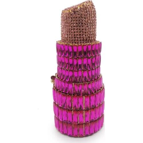 Fashion Rose Red Glass Women Bag Lipstick-Shaped Pink Diamond Lady Cellphone Coin Purse Shoulder Chain Small Clutches