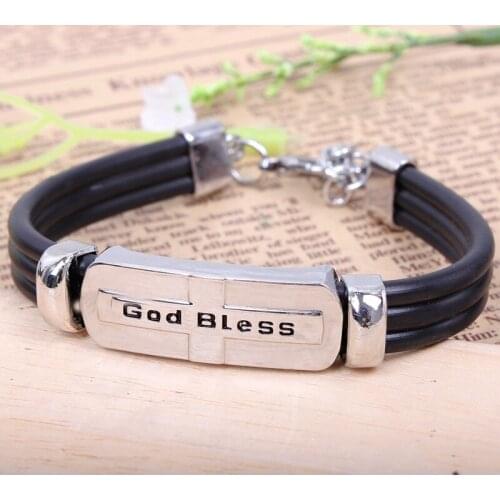 Men Bracelets Leather Hose Titanium Steel ''God Bless" Buckle Bracelet