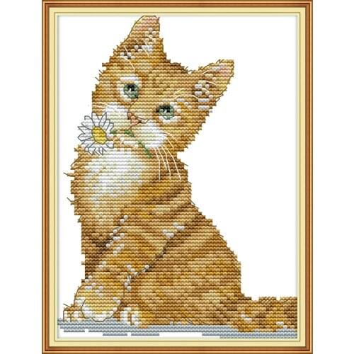 NKF The Cat Cites the Flower Animal Cross Stitch Kits 11CT 14CT Chinese Cross Stitch Embroidery Needlework Set for Home Decor