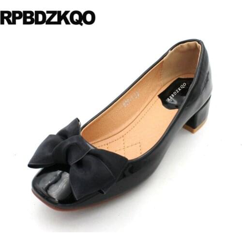 Chunky black thick women leather grey shoes red plus size 2019 10 42 discount pumps square toe bow low heels japanese patent