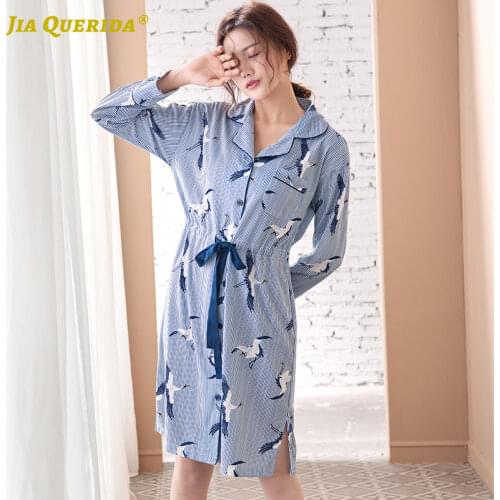 100% Cotton Soft Turn Down Collar Long Sleeve Night Gown Woman Clothes Sleep Dress Fashion Style Casual Style Night Wear Blue