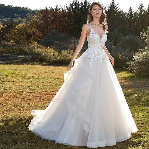 V-neck Shoulder Straps Luxury Wedding Dress Robe de Mariee Appliques Princess A-line Bridal Gowns Vestido de Novia