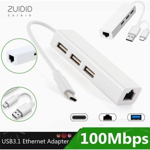 2Types Type-C To RJ45 Network Card USBC 2.0 3-Port Hub 100Mbps High-Speed Ethernet Adapter For Computer Mouse Keyboard