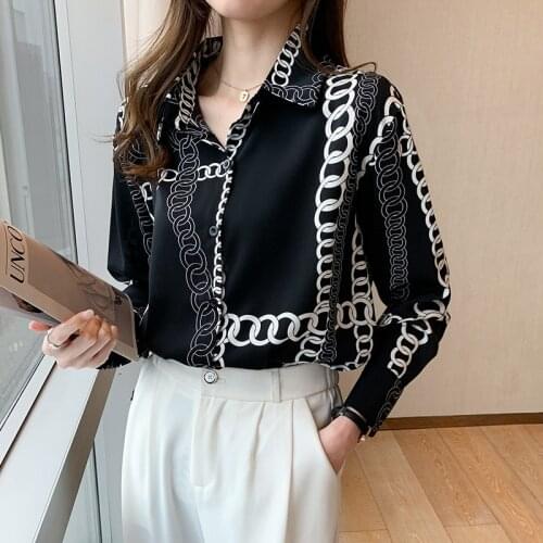 French Commuting Chiffon Long Sleeve Shirt 2021 Spring New Elegant Silky Chain Printed Fashion Soft Cool Clothes B010