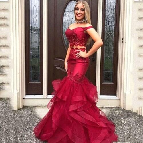 Sexy Off the Shoulder Two Pieces Dark Red Long Prom Dresses 2019 Lace Applique Formal Evening Dress Tulle Skirt Women prom gown