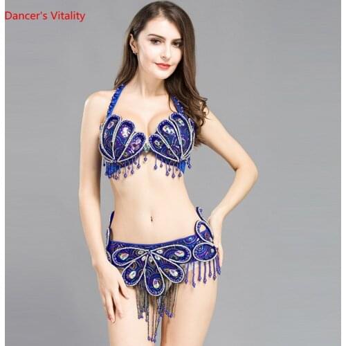 Girls Dance Clothes Bra+Belt 2pcs Competition Suit Hand Made Stones Style Wear S,M,L