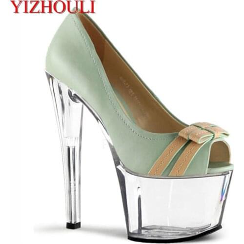 17cm super high heels, thin and fish-mouth crystal single shoes, hate sky-high bow tie, dancing shoes