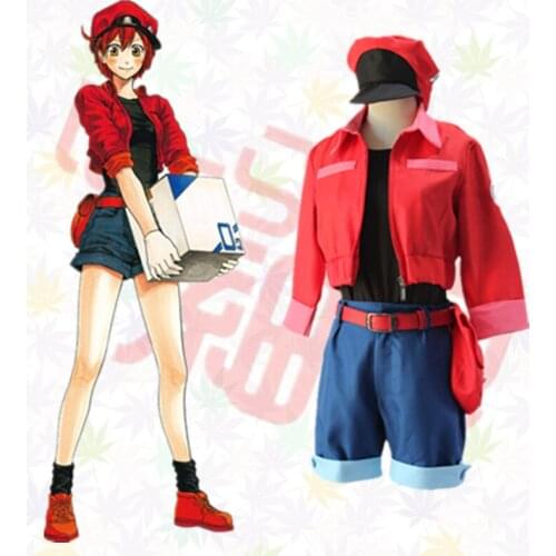 Cells At Work Cosplay Erythrocyte Uniforms Hat Bag Anime Hataraku Saibou Red Blood Cell Outfits Cap Pocket Cosplay Costume