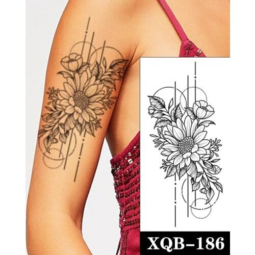 Temporary Tattoo Stickers Black Sunflowers Geometry Lines Desgin Fake Tattoos Waterproof Tatoos Arm Large Size for Women Girl