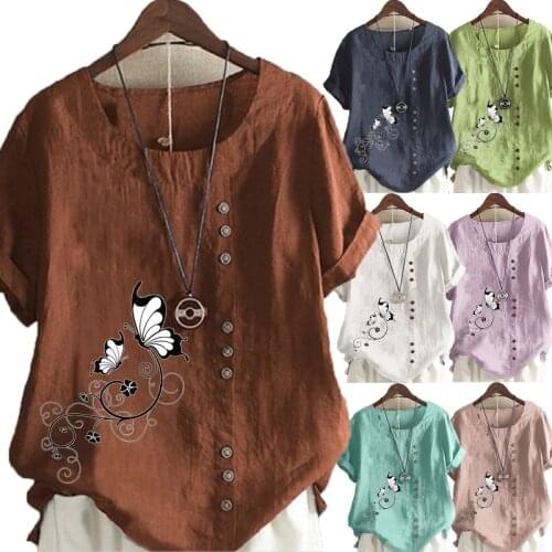 New Fashion Womens Butterfly Printed Short Sleeve O-neck Tops Loose Linen T-Shirt Casual Blouse S-5XL