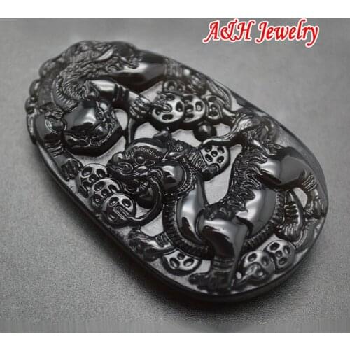 5pcs Large Size Natural Black Obsidian Fine Caved Chinese Dragon & Pixiu Pendants Lucky Wealth Status Symbol Unisex Jewelry