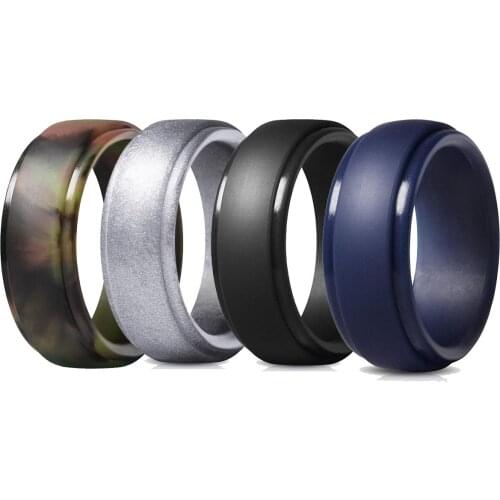 4pcs 8mm Black Silicone Wedding Rings for Mens Step Edge Rubber Wedding Bands