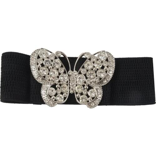 Women Rhinestones Accent Butterfly Hook Buckle Black Elastic Cinch Waist Belt