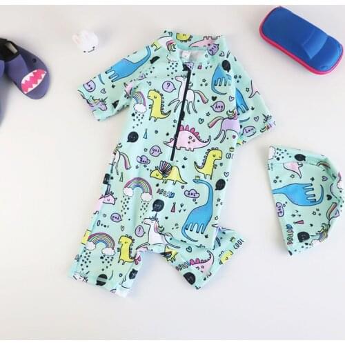 Cartoon Dinosaur Baby Swimwear One Piece With Cap Girl 2021 Summer Children Swimsuit Fused Boys Swimwear Bathing Suit Swimmwear