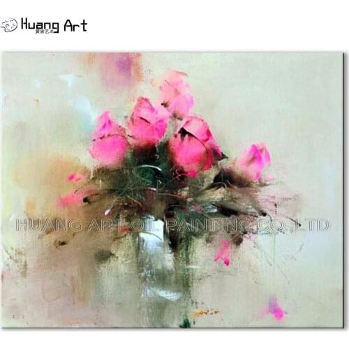 Handmade Impression Pink Flower Oil Painting on Canvas Wall Painting for Bedroom Decor Love Rose Picture Valentines Day Gift