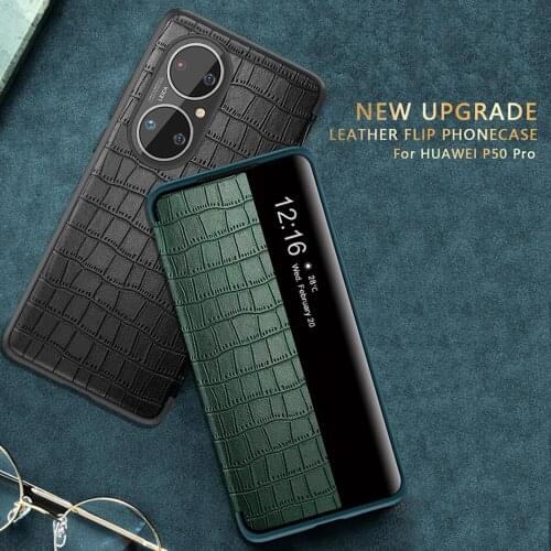 Crocodile Smart View Leather Flip Cover Case For Huawei P50 Pro P40 P30 Window Phone Cover For Mate 40 Pro RS Mate30