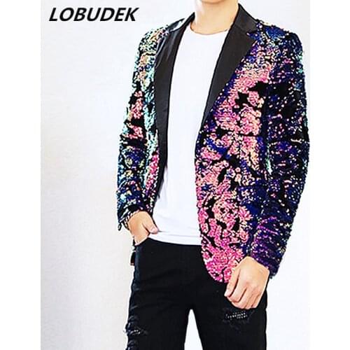 Flipping Sequins Purple Pink Mens Blazers Coat Glittering paillette Jacket Outerwear Nightclub Singer Stage Costume Host Outfit