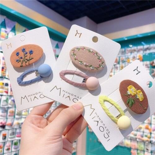 New Korean Children Simple Cute Fabric Embroidery Oval BB Clip for Sweet Girl Princess Fashion Button Hairpins Hair Accessories