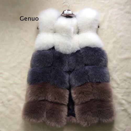 New 2021 Winter Warm Female Fur Vest 3 Colors Patchwork Faux Fur Vest Long Coat Luxury Womens Artificial Jacket