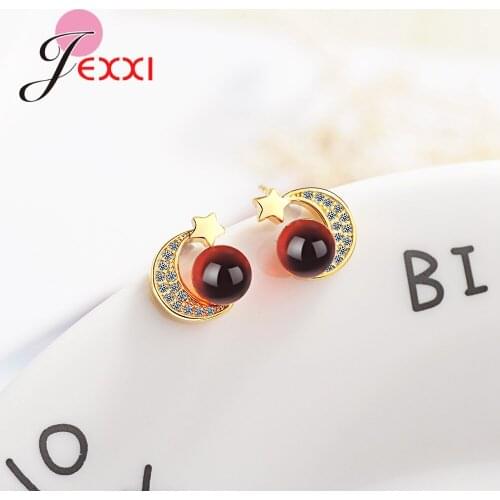 New Korean Earrings 1 Women Girl 925 Sterling Silver Star Moon Pins Stud Jewelry Austria Crystal Paved Ear Brincos Wholesale