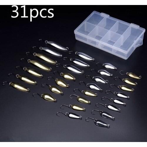OUTKIT New Mixed 31pcs 2-5g Assorted Fishing Lure Set Metal Fishing Baits Bass Spoon Spinner Bait with Sharp Fishing Tackles Box