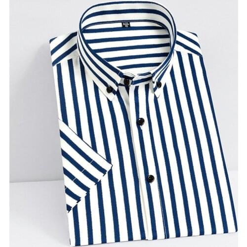 Short Sleeve Strech Striped Shirts for Men Summer Soft Business Mens Dress Shirt Casual Regular Fit Quality No Front Pocket 2021
