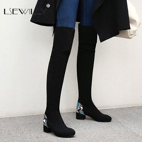 Lsewilly Women Stretch Flock Over The Knee Boots Autumn Winter Round Toe Women Shoes Square Heel Long Boots Size 34-48