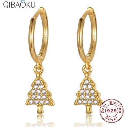 S925 Sterling SIlver Earrings Mini Christmas Xmas Tree Hoop Earrings For Women Cute Gold Loop Circle Earrings