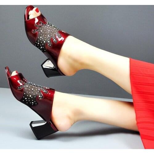 New Womens Mesh Crystal Slippers 2021 Summer High Heels Outdoor Wild Fashion Casual Sandals Comfortable Sexy Retro Slides