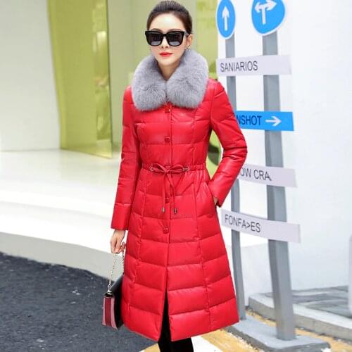 Winter Genuine Leather Jacket Women Down Jacket Plus Size Red Korean Long Coat Sheepskin Leather Chaqueta Mujer KJ633