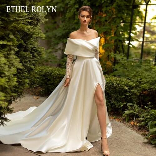 ETHEL ROLYN A-Line Wedding Dress 2021 Elegant Satin Sweetheart Princess Bride Beading Lace Long Sleeve Slit-Hem Bridal Gowns