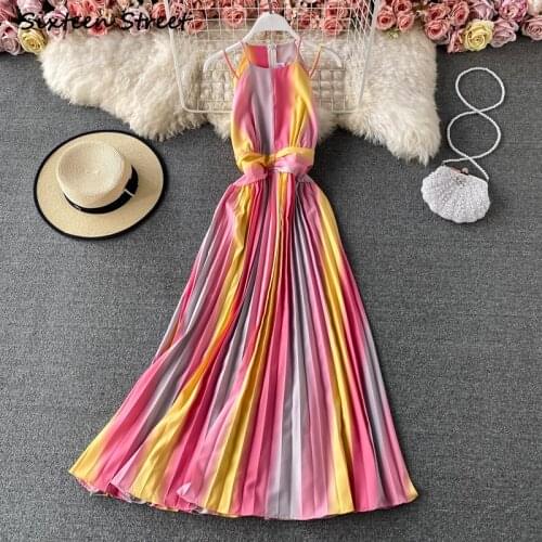 Maxi Dresses for Women Sleeveless Rainbow Square Neck Draped Fashion Sexy Dress Vestido De Mujer Korean Style Clothing Women