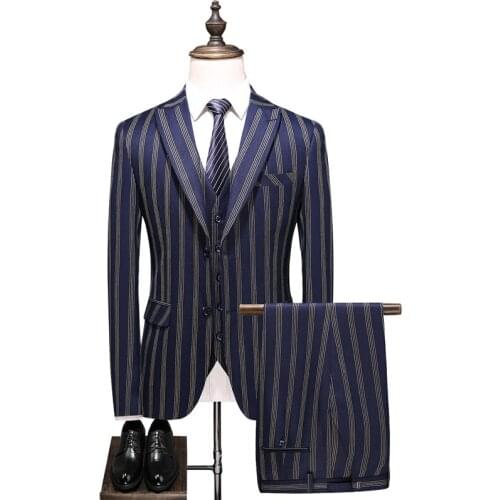 Brand Men Suits Striped Groom Wedding Dresses Suit for Best Men 3 Pieces Navy Blue Slim Fit Casual Tuxedo Jacke