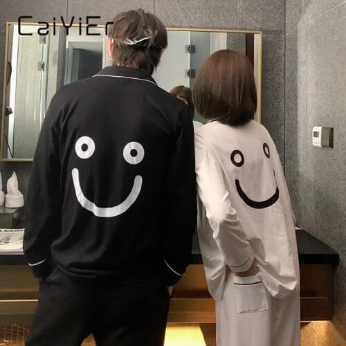 CAIYIER 2020 Winter Lovers Nightwear Smile Print Silk Pajamas Set Long Sleeve Women & Men Soft Sleepwear Couple Loungewear M-XXL