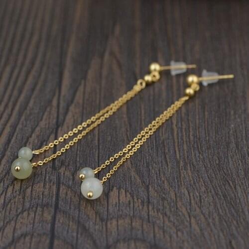 FNJ Long Tassel Bead Earrings 925 Silver 100% Pure Original S925 Silver Sterling Drop Earring for Women Jewelry Jade Gold Color