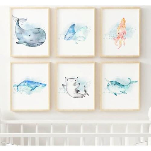Whale Dolphins Octopus Shark Wall Art Canvas Painting Cartoon Nordic Posters And Prints Wall Pictures Girl Boy Kids Room Decor