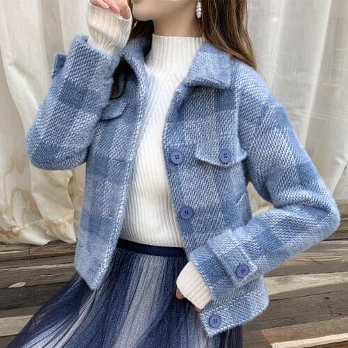 Imitation mink velvet jacket women Korean loose plaid jacket women woolen sweater cardigans female autumn and winter jacket lady
