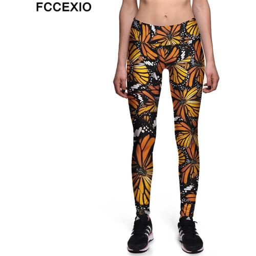 FCCEXIO Tropical Butterfly Animal Print Sexy High Waist Elasticity Leggings Push Up Strength Pants Summer Fitness Women Trousers