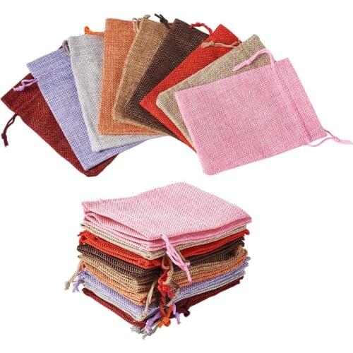 30Pcs Polyester Imitation Burlap Packing Pouches Drawstring Bags Mixed Color Jewelry Gift Packaging Wedding Bags 13.5x9.5cm