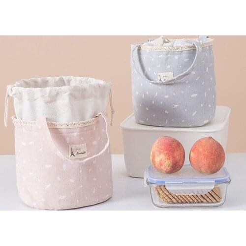 Cute Thermal Lunch Bag For Women Kids Dot Print Canvas Picnic Camping Portable Breakfast Food Container Storage Bag Ice Pack