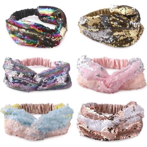 XIMA 6pcs/lot Fashion Women Reversible Change Color Sequins Fabric Headband Reversible Bow Hair Band for Party