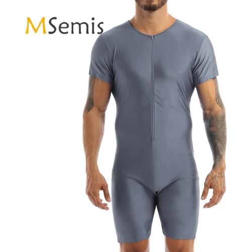 MSemis Mens Bodystocking Wrestling Tights Thong Leotard Body suit Men One-piece Short Sleeve Front Zipper Soft Boxer Jumpsuit